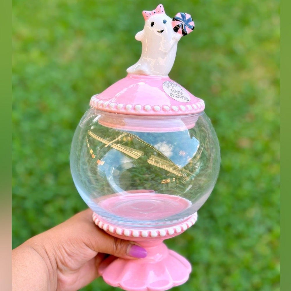 Cobwebs & Cauldrons Halloween Pink Ghost Glass Candy Jar